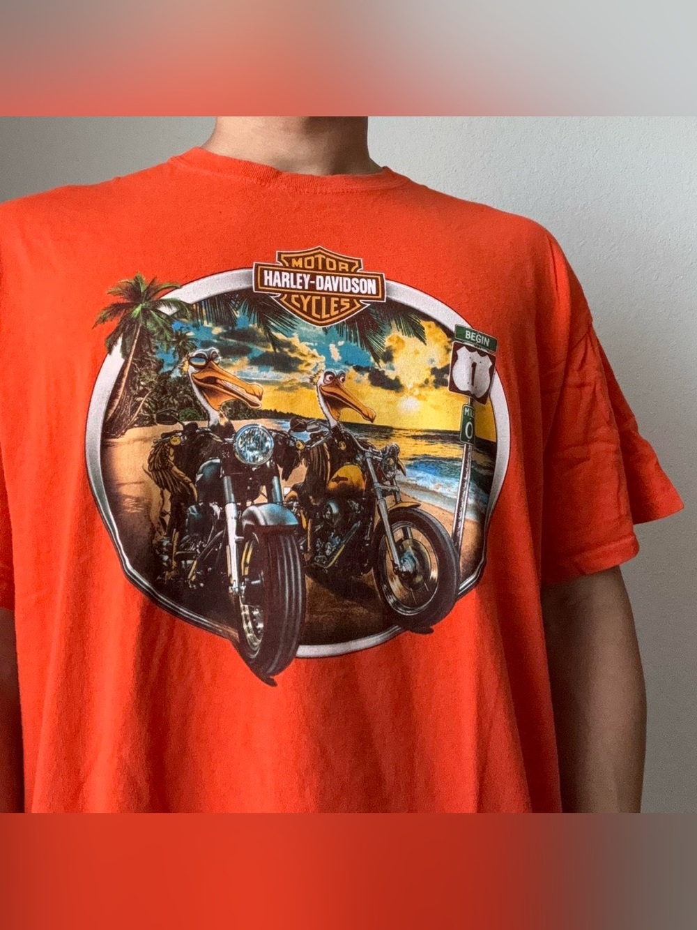 Vintage 2000s Harley Davidson Florida Key West Graphics Orange Tee Shirt